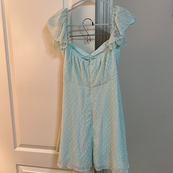 Off the shoulder mint green mini dress! Tie ruched bust. Worn once. - Picture 4 of 7